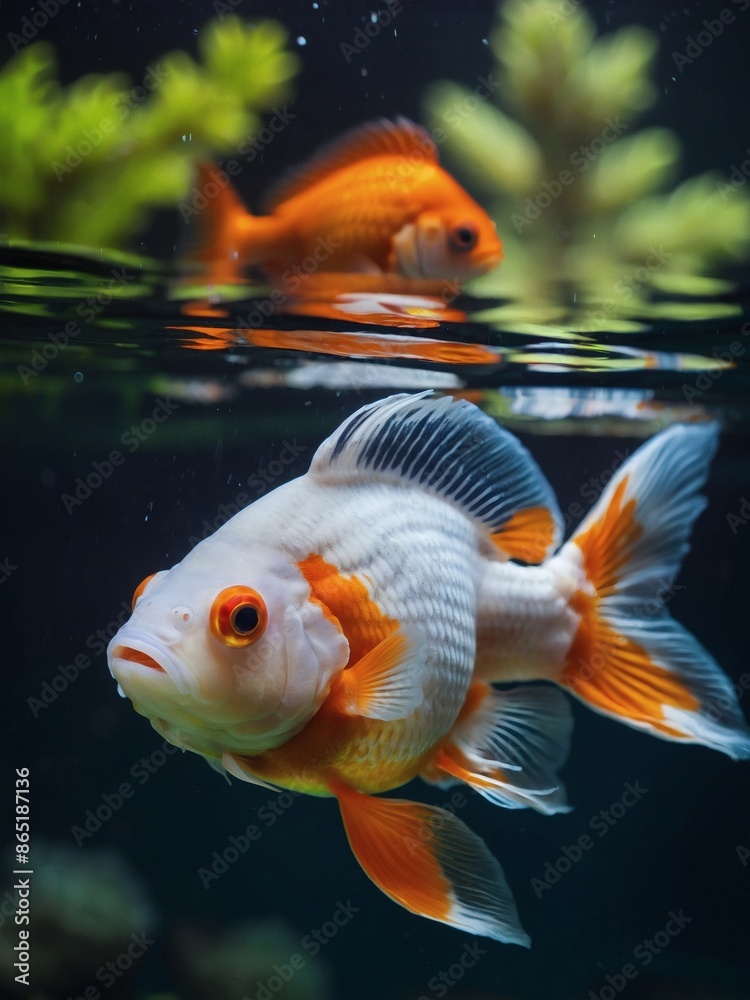 Oranda goldfish swimming in aquarium close-up Oranda goldfish swimming in aquarium close-up