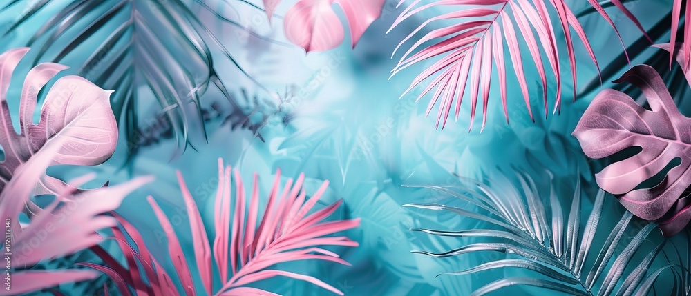 Tropical leaves, pastel pink and blue exotic nature background, summer holidays vibes Tropical leaves, pastel pink and blue exotic nature background, summer holidays vibes