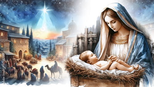 Virgin Mary and newborn baby Jesus in a manger. Bethlehem, Christmas. Watercolor illustration