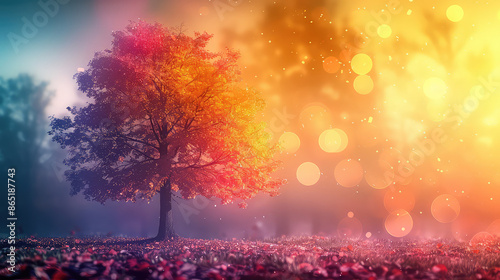 Fototapeta Naklejka Na Ścianę i Meble -  Elegant colorful tree with vibrant leaves hanging branches illustration background. Bright color 3d abstraction wallpaper for interior mural painting wall art decor. Ai 