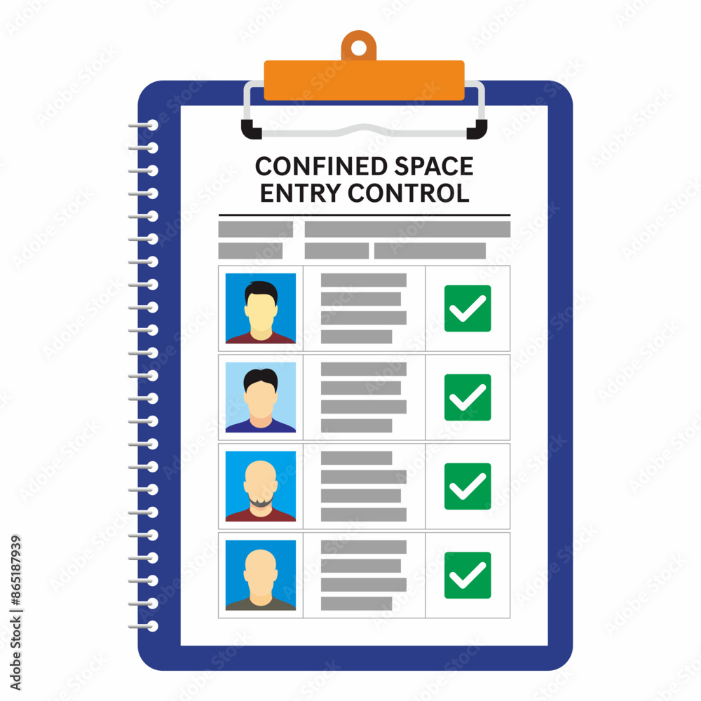 Confined space work entry control document. Vector illustration of safety paper work for checking the in and out of worker from dangerous area. Confined space work entry control document. Vector illustration of safety paper work for checking the in and out of worker from dangerous area.