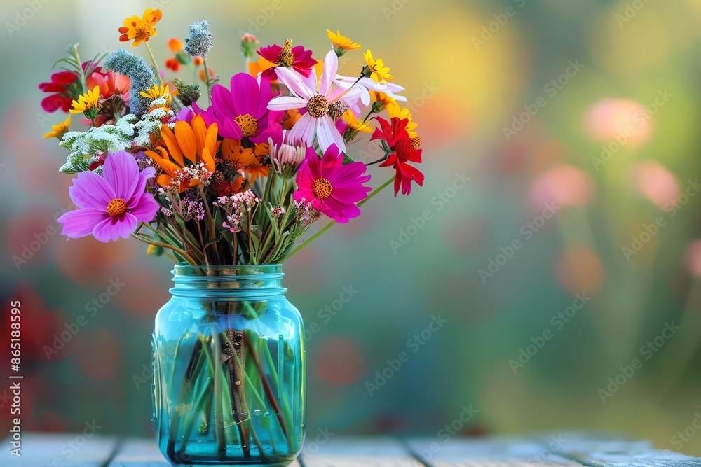 Vibrant bouquet of wildflowers in a blue mason jar on wooden table with blurred natural background. Bright rustic country floral arrangement. Vibrant bouquet of wildflowers in a blue mason jar on wooden table with blurred natural background. Bright rustic country floral arrangement.