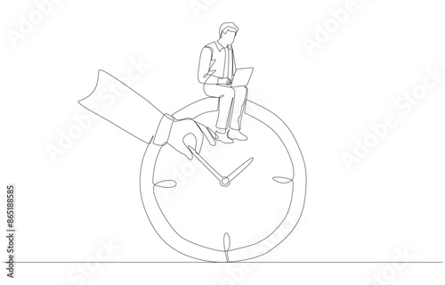Continuous one line drawing of business manager moving hand of employee's work clock, flexible working concept, single line art.
