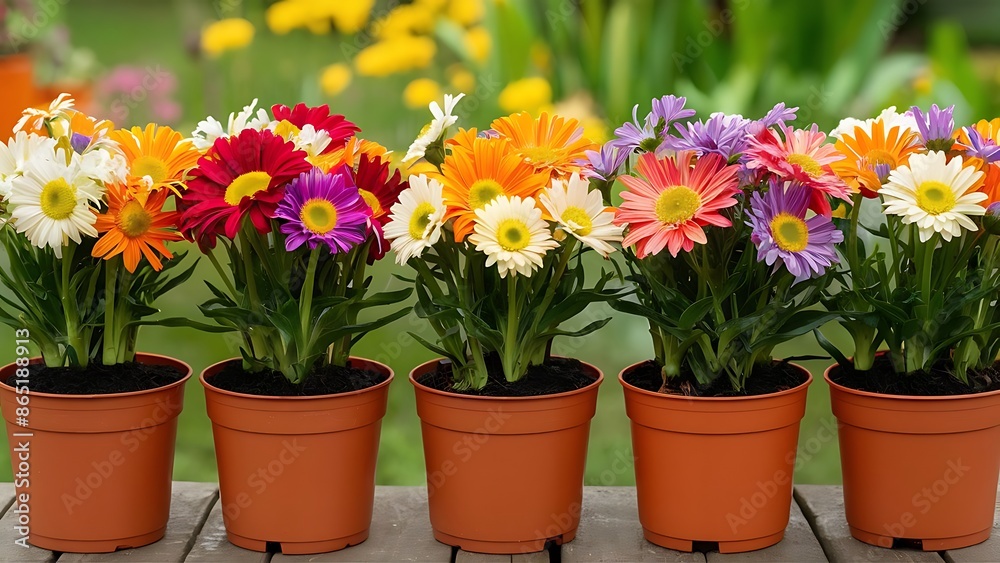 Spring flowers in pot in a row Spring flowers in pot in a row