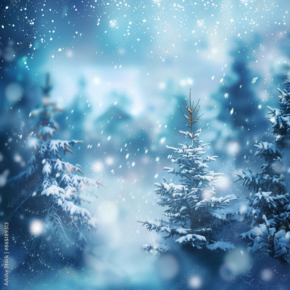 Naklejka premium Magic of winter in snowy forest. Winter landscape.Trees adorned with frost and snowflakes stand tall against cold blue sky. Modern design template for card, banner, poster template