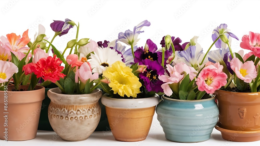 Spring flowers in pot in a row Spring flowers in pot in a row