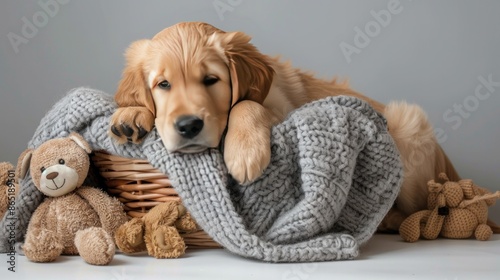 A cuddly Golden Retriever puppy, curled up in a cozy basket, surrounded by soft toys, exuding a sense of warmth and security,