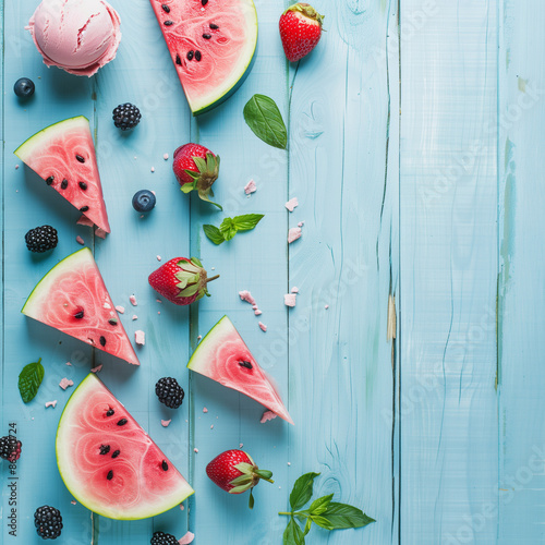 Vibrant watermelon slices and ice cream on a summer Turquoise painted wooden planks texture background.  showcasing fresh, juicy, and colorful summer fruit. Summer vacation concept.  photo