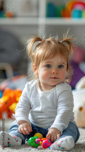 Cute little baby girl sitting in toy room