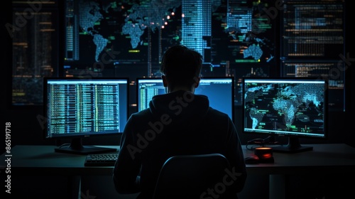 A focused programmer immersed in coding, surrounded by multiple monitors filled with lines of code,