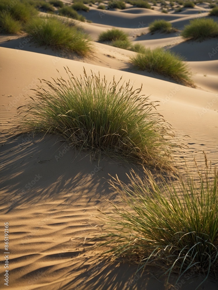 Green tufts of grass grow amidst golden sand dunes, casting long shadows in soft light. Undulating sand dunes create rhythmic pattern, with grass providing stark contrast to barren landscape. Green tufts of grass grow amidst golden sand dunes, casting long shadows in soft light. Undulating sand dunes create rhythmic pattern, with grass providing stark contrast to barren landscape.