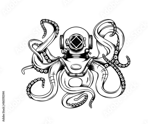 Octopus tattoo with tentacles and diver helmet. Vector hand drawn sketch of giant octopus or kraken fantasy sea animal. Engraving marine monster wearing vintage deep dive or scuba diving sport helmet