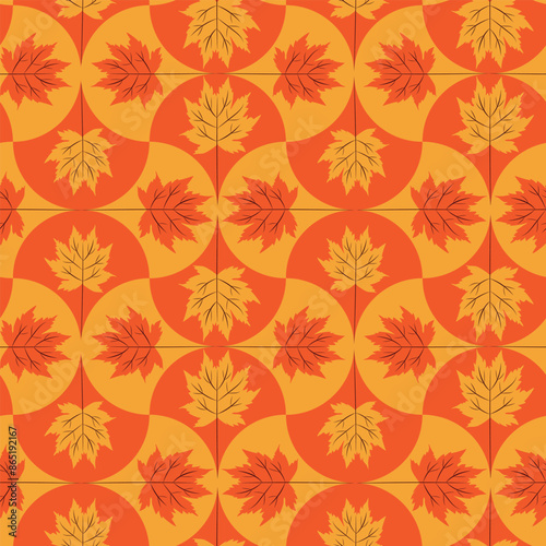 Orange and Tangerine Autumn Maple Leaves on Geometric Scallop shapes seamless pattern. For autumn print, fabric and textile