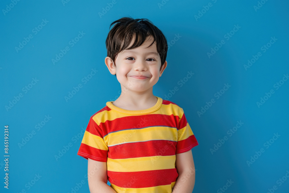 happy and black hair Boy stripes red and yellow T-shirt, blue background