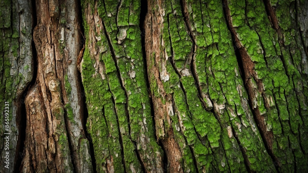 Close-up view of tree bark covered with green moss. Bark has deep, rugged grooves, textured surface, with sections of brown wood visible amidst vibrant green moss. Contrast between brown bark. Close-up view of tree bark covered with green moss. Bark has deep, rugged grooves, textured surface, with sections of brown wood visible amidst vibrant green moss. Contrast between brown bark.