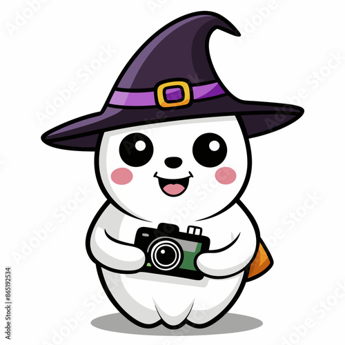 A  ghost is happily holding a camera while wearing a pointy witch hat
