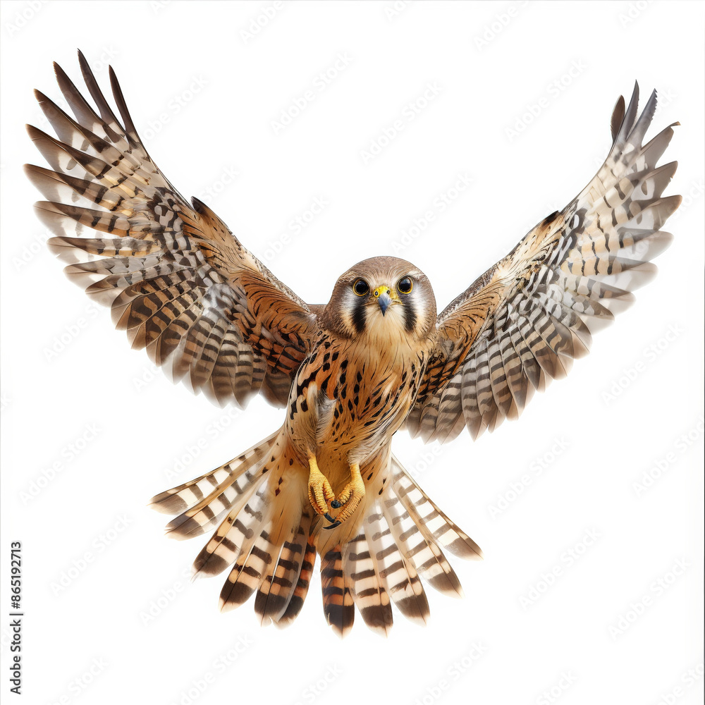 Fototapeta premium A beautiful kestrel in mid-flight, wings spread wide and eyes focused on the ground below, isolated on white background.