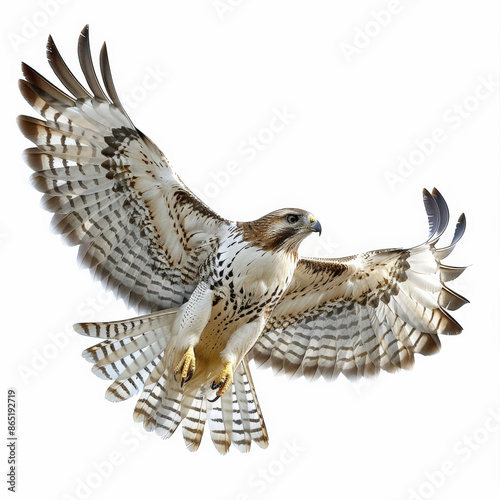 A powerful hawk in mid-flight, wings fully spread and talons ready, isolated on white background. photo