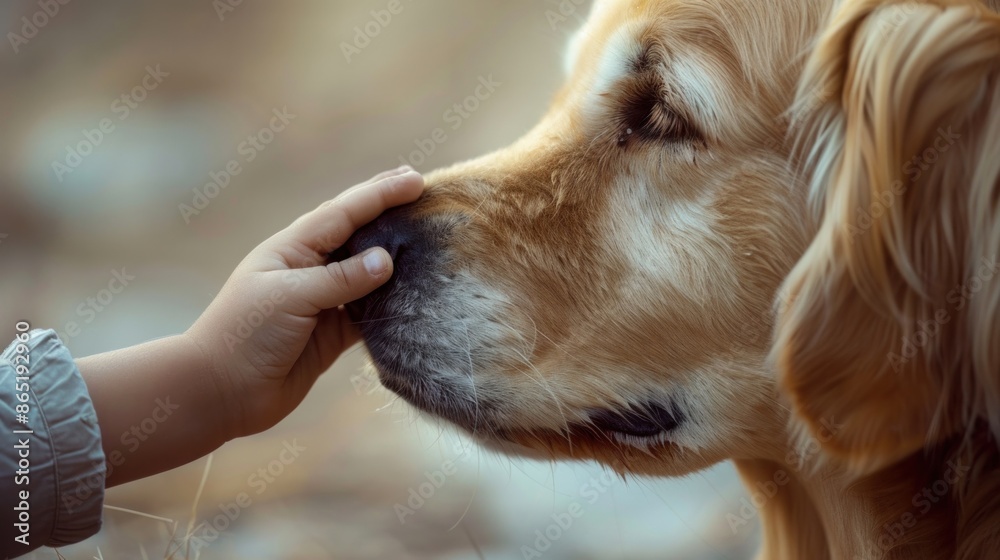 A gentle Golden Retriever adult, nuzzling its head against a child's hand, conveying a deep bond of love and affection, A gentle Golden Retriever adult, nuzzling its head against a child's hand, conveying a deep bond of love and affection,