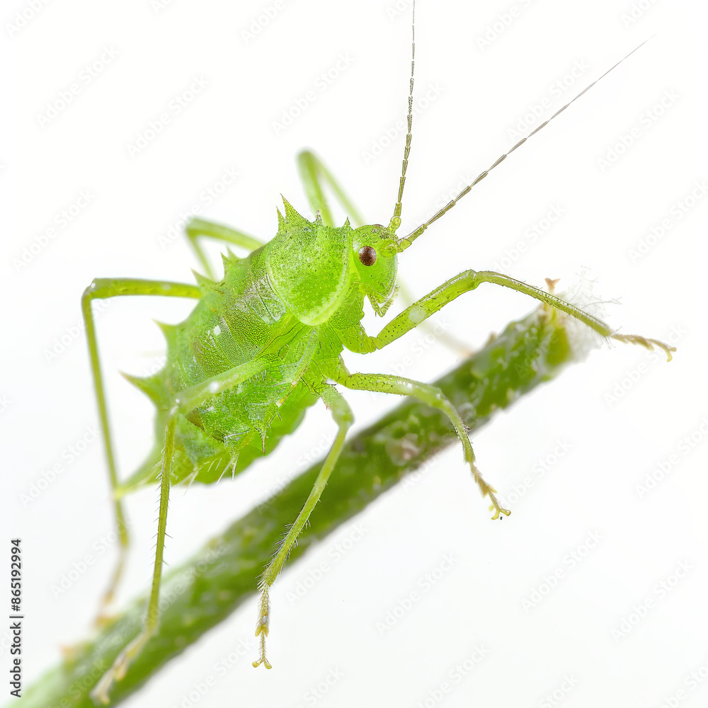 A close-up of a bright green aphid on a small stem, isolated on white background A close-up of a bright green aphid on a small stem, isolated on white background