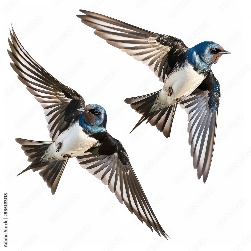 Obraz premium A pair of swallows in flight, wings spread wide as they dart through the air, isolated on white background.