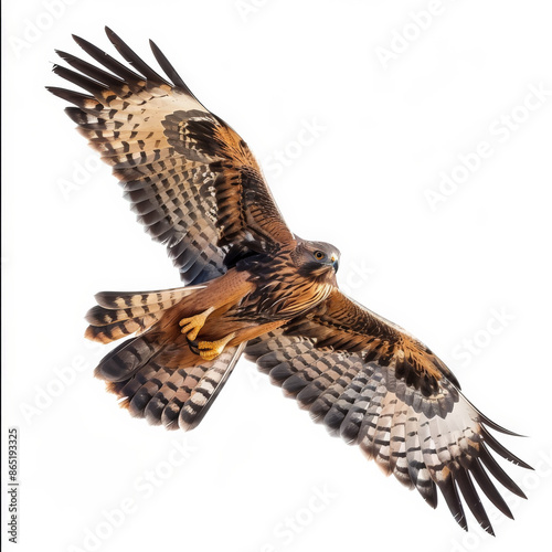 A striking harrier hawk in flight, wings spread wide and talons ready, isolated on white background.