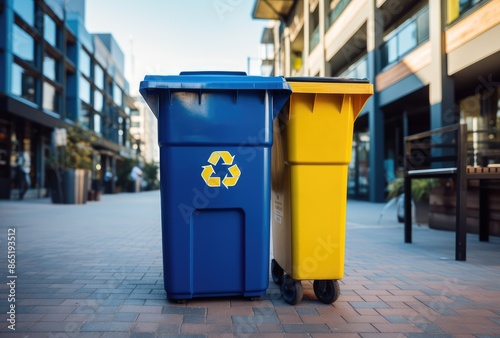 Two blue and yellow recycle bins on the street. Recycling concept.