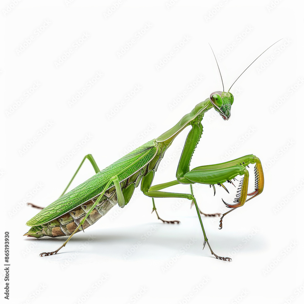 A detailed view of a green praying mantis in a hunting pose, isolated on white background A detailed view of a green praying mantis in a hunting pose, isolated on white background
