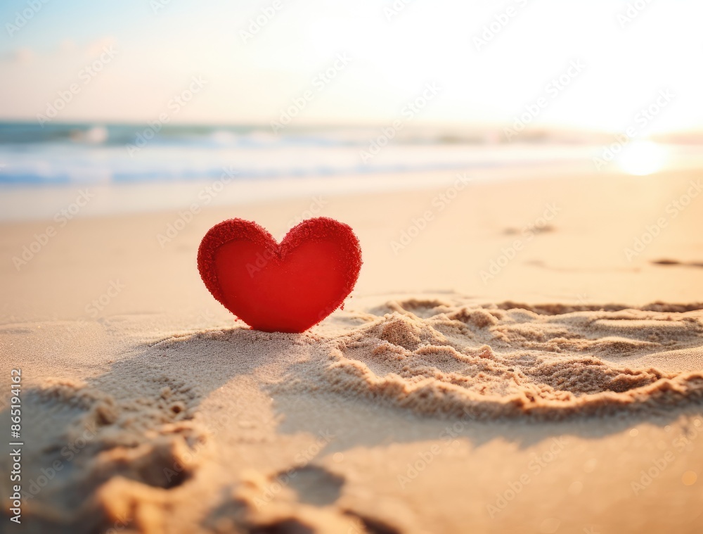 Red heart on the beach at sunset. Valentine's day concept. Red heart on the beach at sunset. Valentine's day concept.