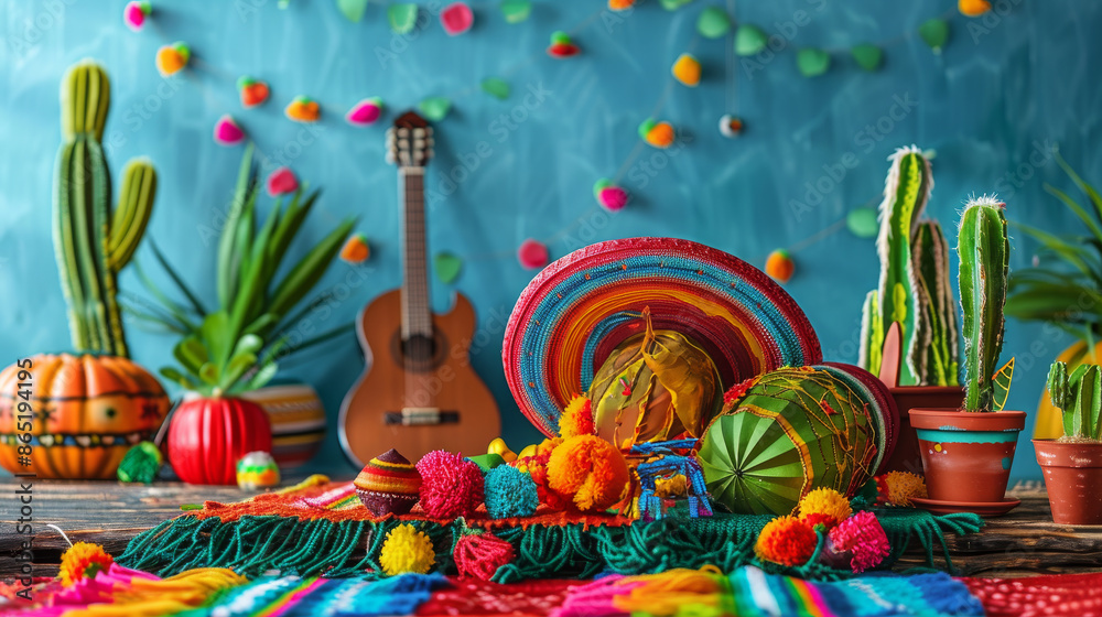 Fototapeta premium Festive background of a Mexican holiday Cinco de Mayo, Mexican May party. Concept of Cinco de Mayo party with sombrero hat, maracas, guitar. Generative ai