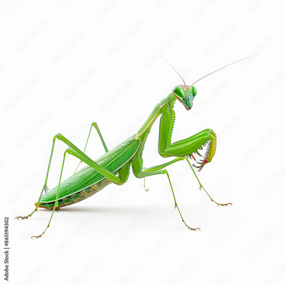A vivid green praying mantis in a poised position, isolated on white background A vivid green praying mantis in a poised position, isolated on white background