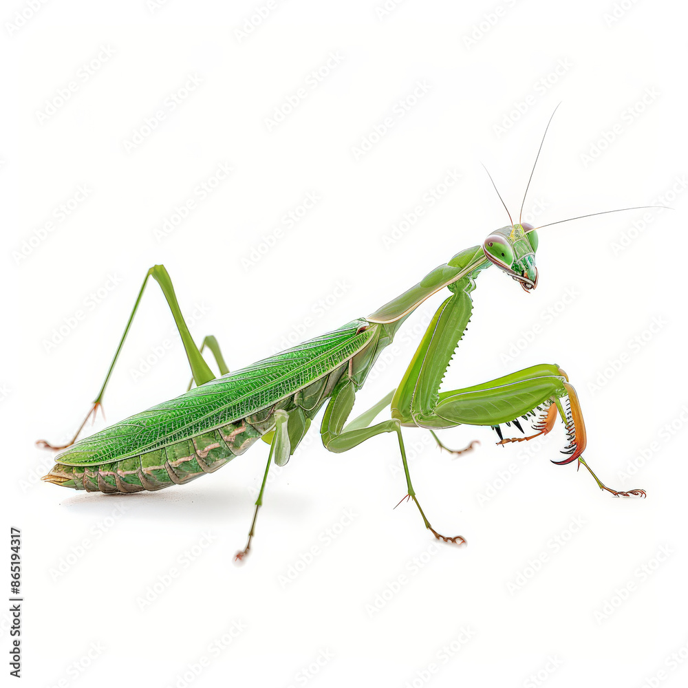 A detailed view of a green praying mantis in a hunting pose, isolated on white background A detailed view of a green praying mantis in a hunting pose, isolated on white background