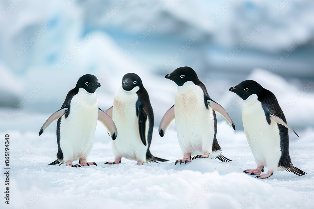 Obraz premium Four penguins standing on icy terrain