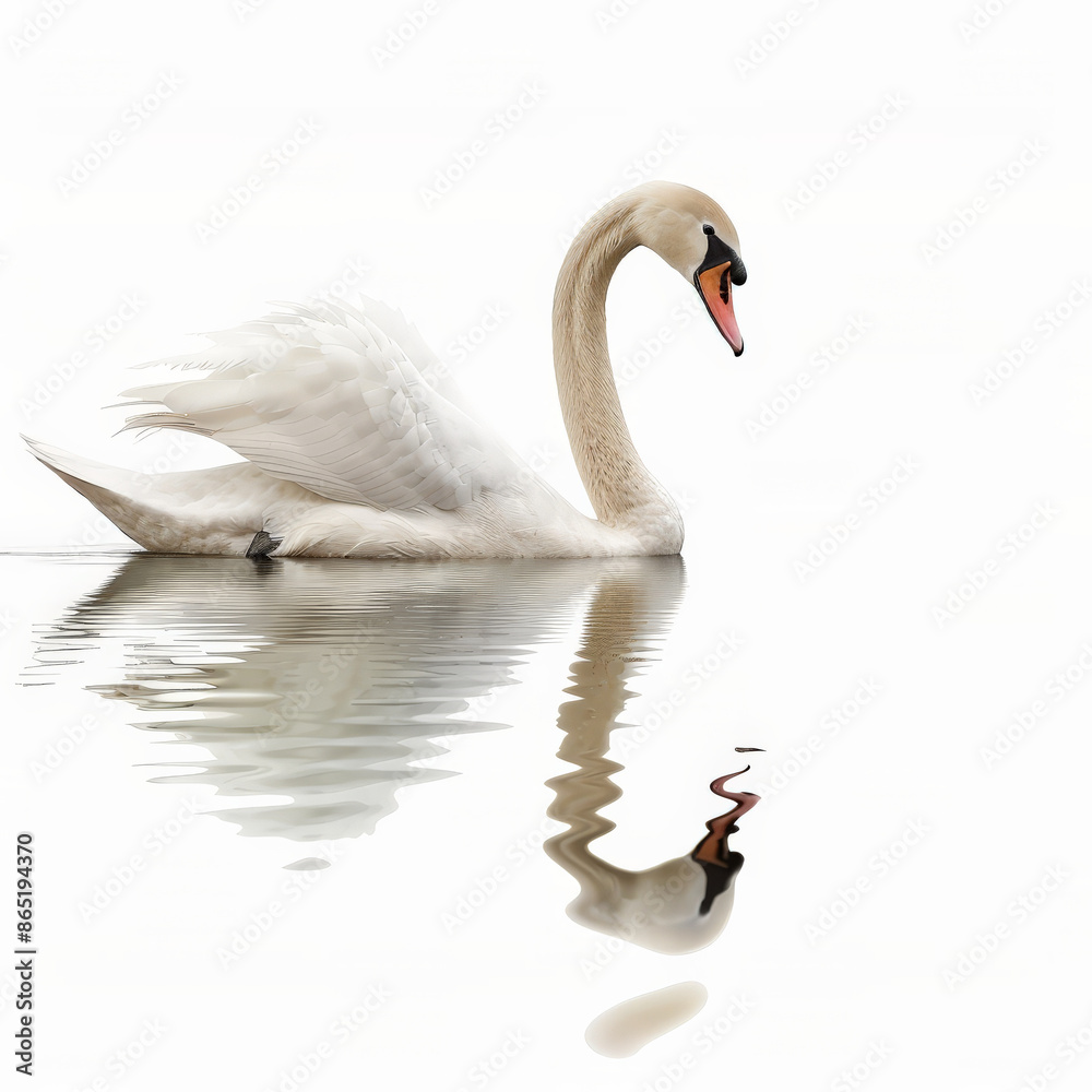 Fototapeta premium A majestic swan gliding gracefully on a calm lake, its long neck curved elegantly, isolated on white background.