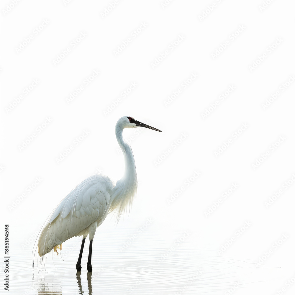Obraz premium A majestic crane standing gracefully in shallow water, its long legs and neck poised elegantly, isolated on white background.