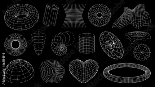 3d wireframe shapes, brutal perspective grid, retro tech mesh vector line elements. Abstract geometric shapes of 3d wire frame sphere or globe, wave, torus and heart grid, tunnel and wave meshes