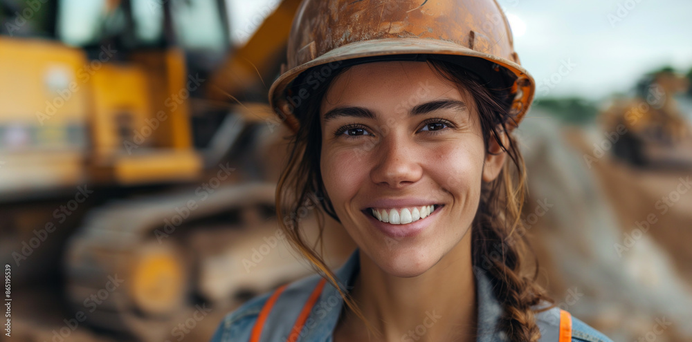 Woman Working Joyfully at a Construction Site With Heavy Machines Behind Her: A Powerful Display of Strength and Happiness in a Dynamic Environment Woman Working Joyfully at a Construction Site With Heavy Machines Behind Her: A Powerful Display of Strength and Happiness in a Dynamic Environment