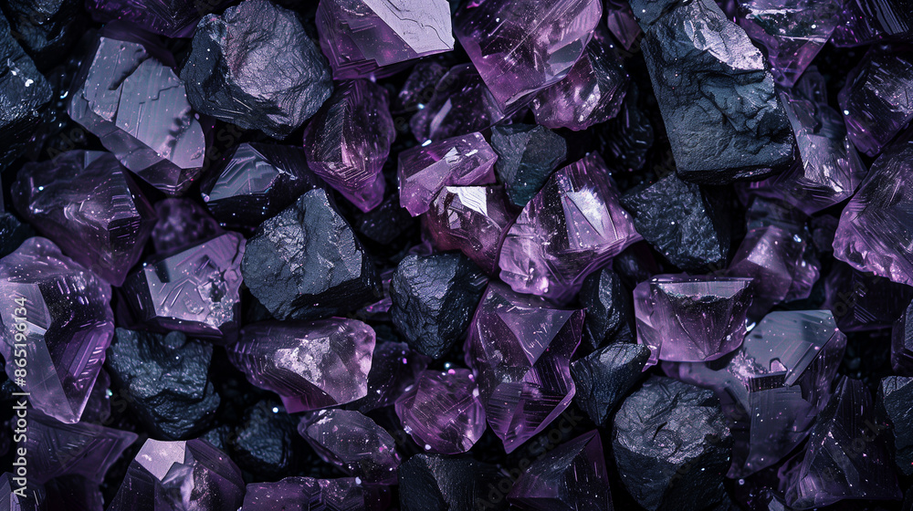 Fototapeta premium Purple Gemstones and Black Rocks