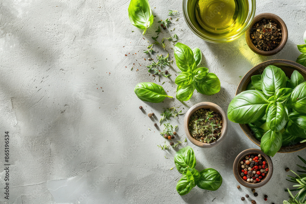 A flat lay of fresh herbs, including basil and oregano, with small bowls filled with olive oil and spices on the side. A flat lay of fresh herbs, including basil and oregano, with small bowls filled with olive oil and spices on the side.