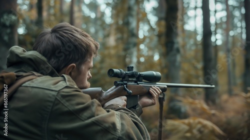 A man and hunter in a green jacket in the forest hunting animals like a deer or wild boar with a riffle. In the background we see trees and a sky. Target shooting, survival in the wilderness or nature © uros