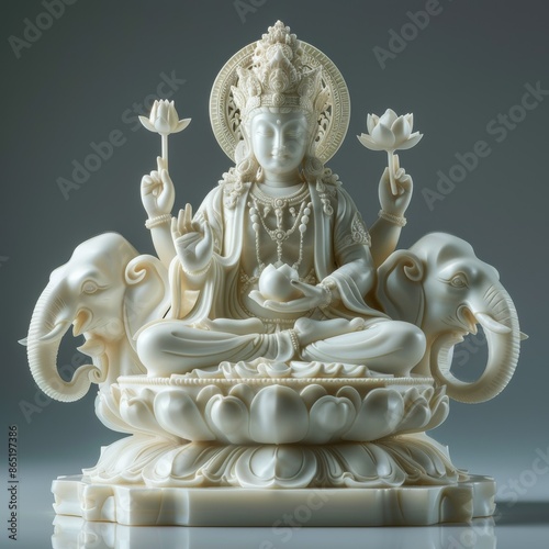 Chinese Statue of Samantabhadra Bodhisattva Holding Lotus Flower on Elephant photo