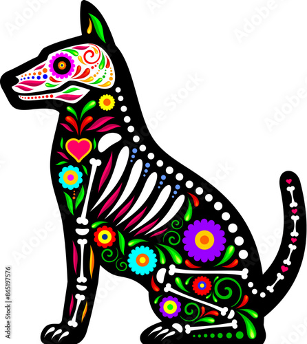 Mexican dog animal tattoo, day of the dead sugar skull pet. Isolated vector Dia de los muertos puppy shape with vibrant floral motifs and bones symbolizing remembrance and celebration of deceased dogs