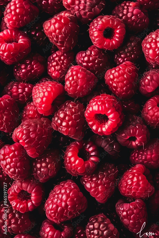 collection of fresh raspberries, tightly packed together, showcasing their rich color and juicy texture collection of fresh raspberries, tightly packed together, showcasing their rich color and juicy texture