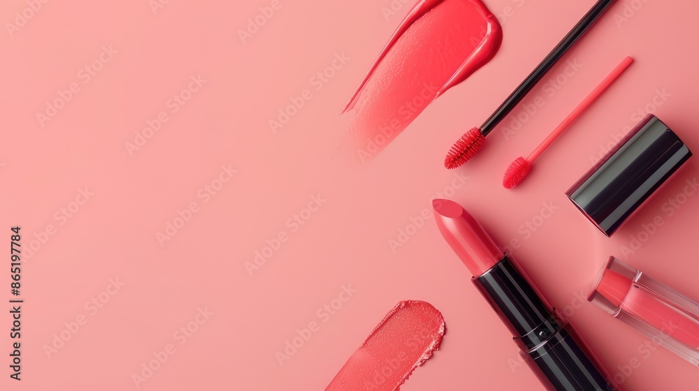 Liquid lipstick and applicator on pink background with lip gloss tube and brush on coral surface Overhead view with space for text Liquid lipstick and applicator on pink background with lip gloss tube and brush on coral surface Overhead view with space for text