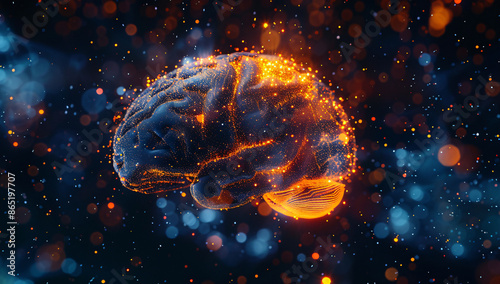 3D render of brain in digital style with glowing lights photo