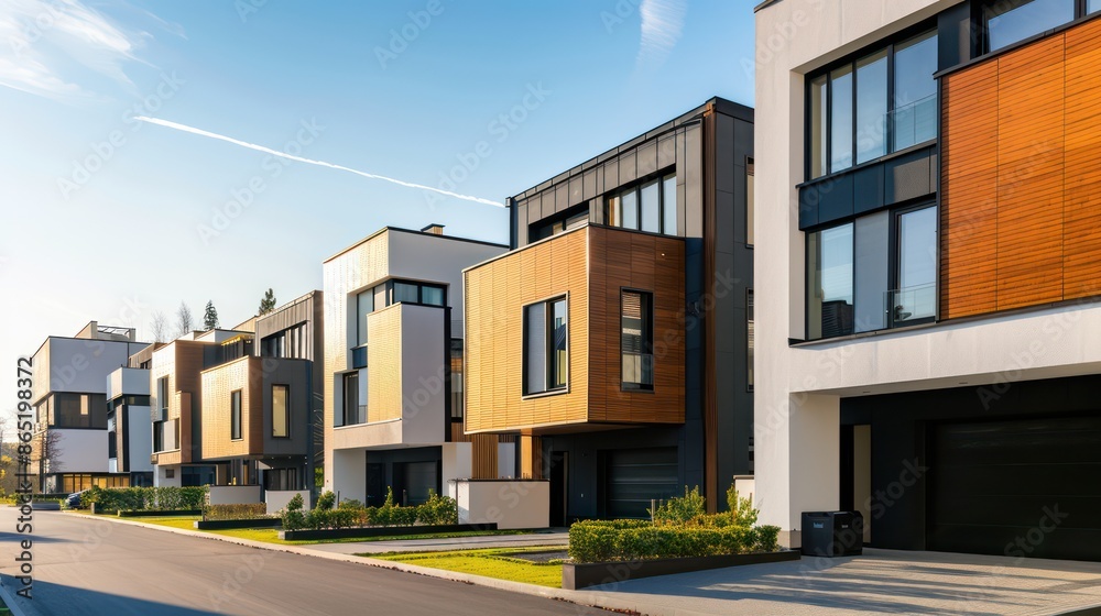 Modern town houses of brick and glass on urban street Modern town houses of brick and glass on urban street