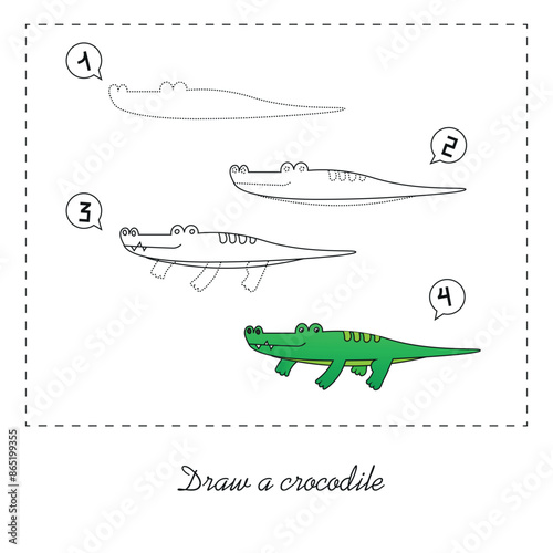 Step-by-step contour drawing coloring book for children. Instructions on how to draw a crocodile.