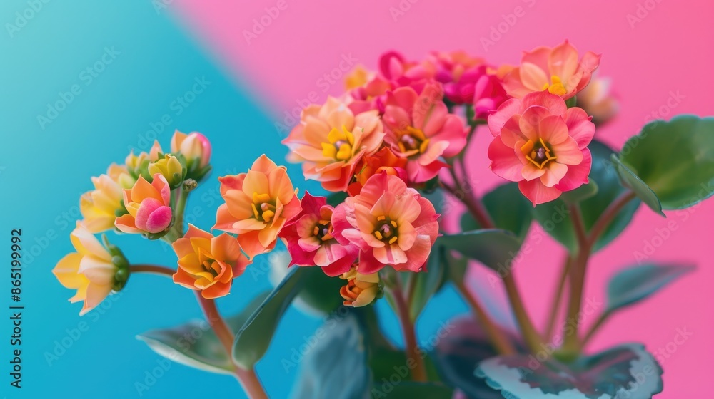 Fototapeta premium Close up of vibrant kalanchoe plant with colorful flowers on stylish pink and blue background