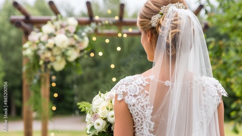 A bride in a white gown with a long veil walks down the aisle towards an archway decorated with white flowers and lights