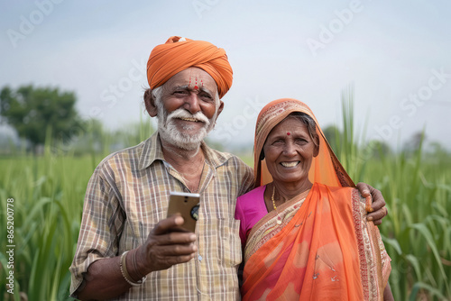 Senior indian farmer couple using smartphone